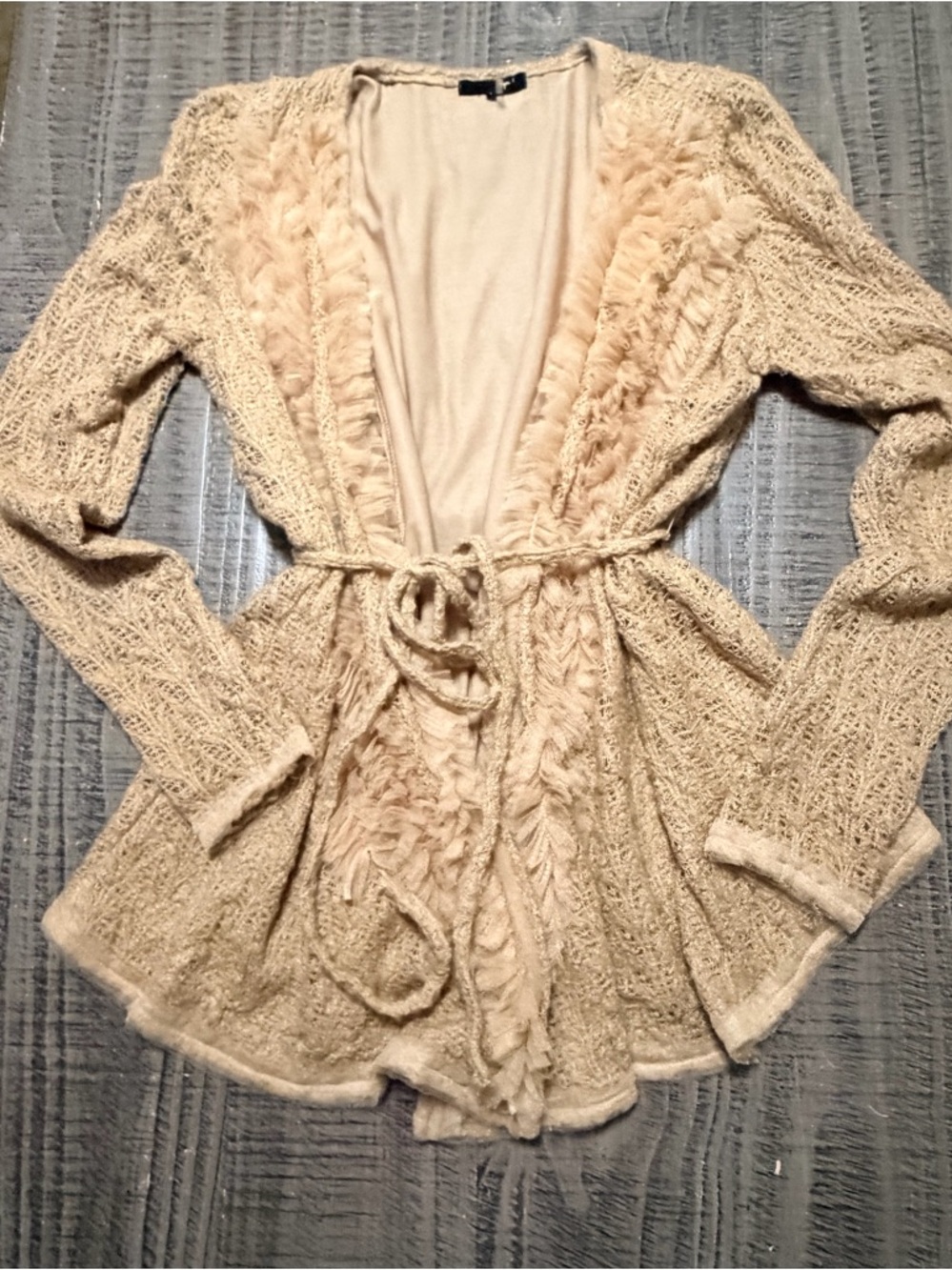 Ryu Cream Open Knit Tie-Waist Cardigan with Ruffle Trim